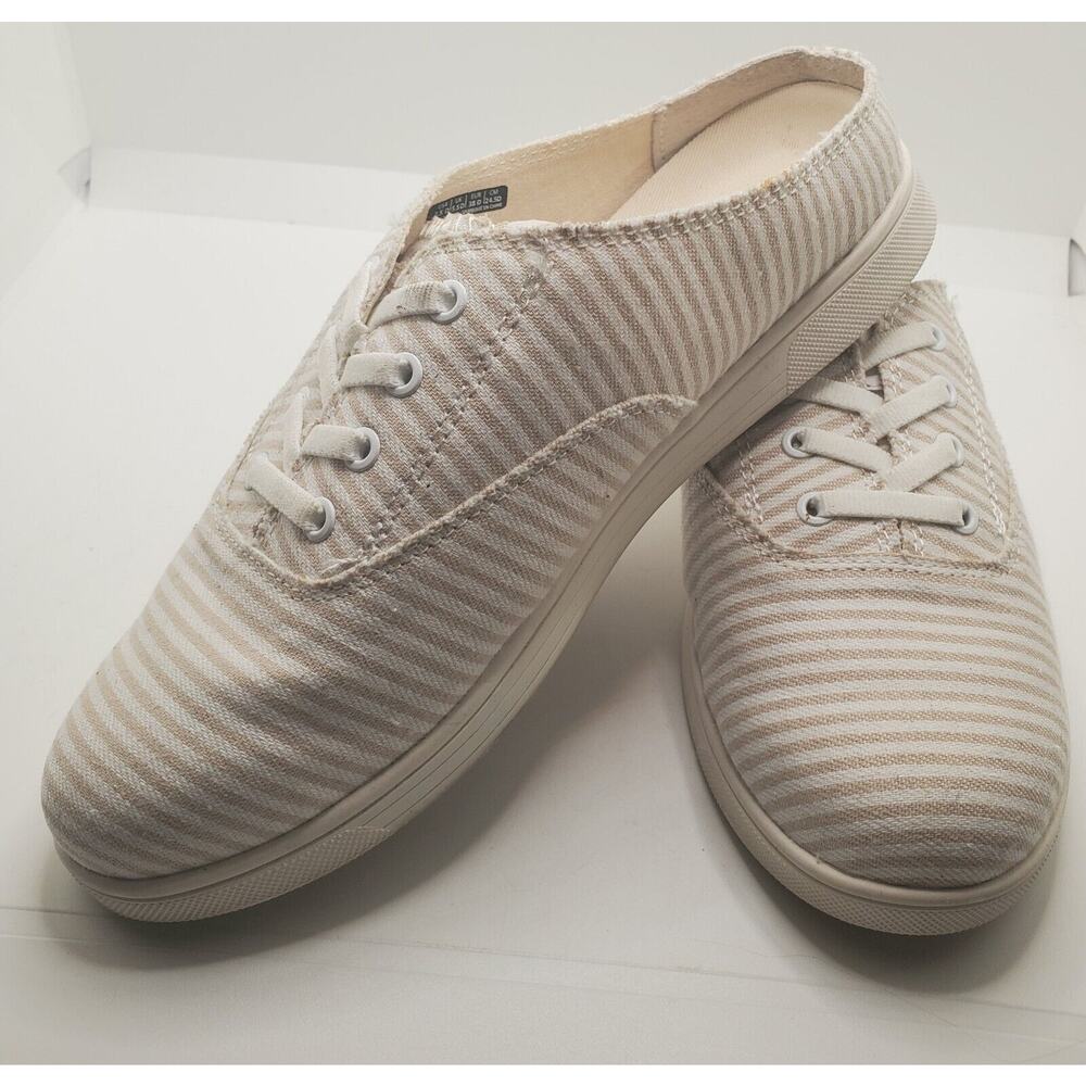 Spenco Orthotic 7.5 Tan Stripe Canvas Slip-On Sneaker Mules Santa Rosa New - Picture 2 of 9